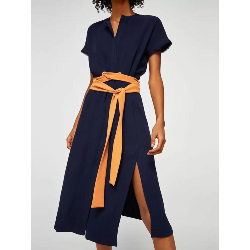Mango - Stylish Navy A-line Dress with Orange Belt, size XS